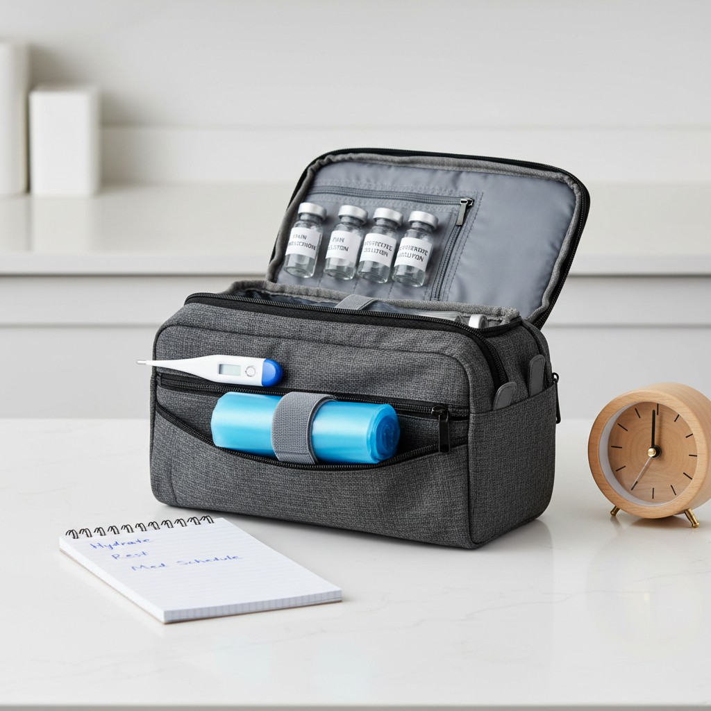 A grey fabric pouch containing medication vials inside, zippered open, with a thermometer, a water bottle, and a notebook ...