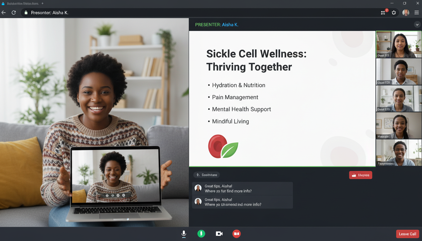 An informal online presentation about sickle cell wellness, featuring a friendly African American presenter in a home or relaxed setting, with a casual atmosphere and virtual meeting elements visible on screen.