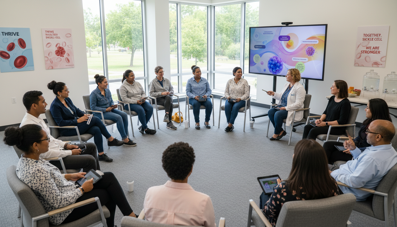 a group simulation session focused on wellness, tailored for sickle cell disease support, with diverse participants in a collaborative setting