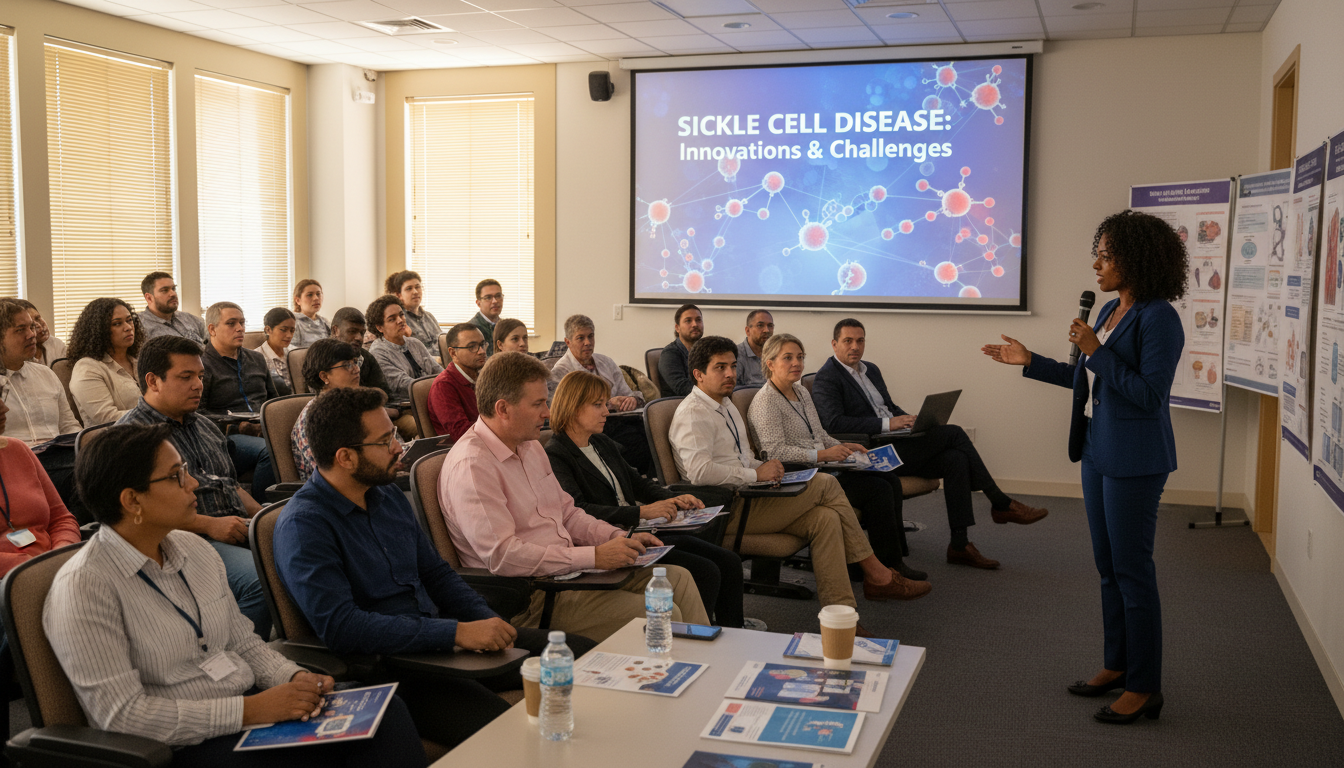 a seminar focused on sickle cell disease, with participants and a presenter, diverse group, educational atmosphere