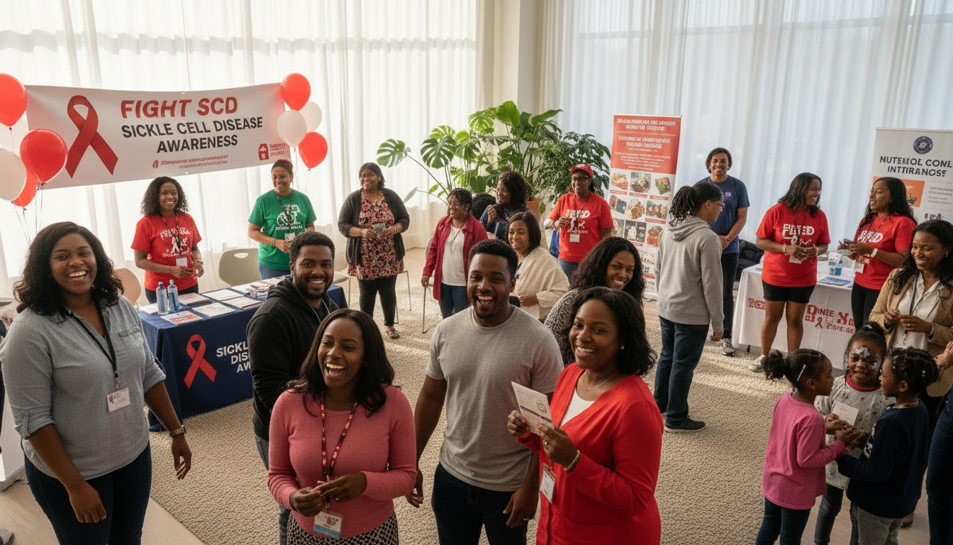 a community fair or campaign event, inclusive and welcoming, with visible support for sickle cell disease awareness, diverse group with African American representation, wellness and health information booths, people engaging and smiling