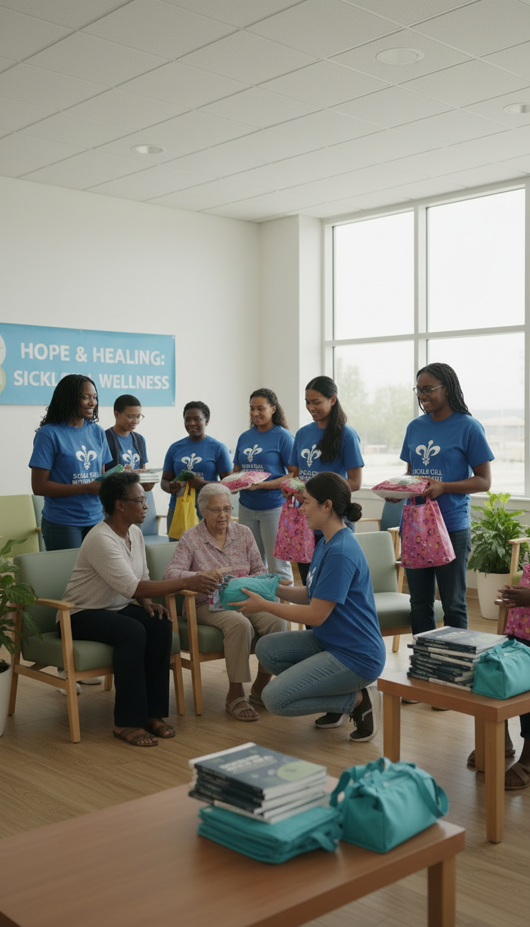 African Americans passing out care packages to people in a hospital, focused on community wellness and support.