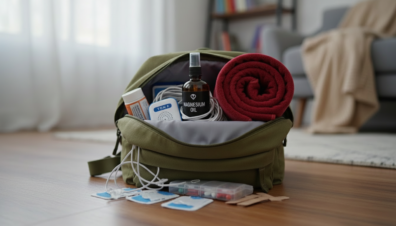 a backpack with pain relief items such as a heated pad, tens unit, and magnesium oil spray